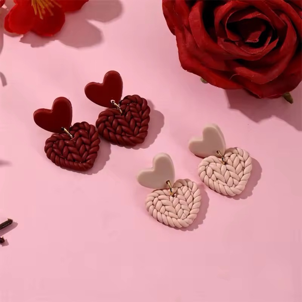 2-Pair Knit Heart Two-Tier Dangle Stud - Handmade Earrings